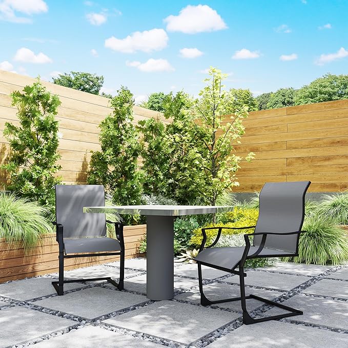 Outsunny Patio Dining Chairs Set of 2, Outdoor C Spring Dining Chairs Set w/High Back, Armrest, Breathable Fabric & Metal Frame, Heavy Duty Outdoor Chairs for Backyard, Deck, 256LBS, Light Gray