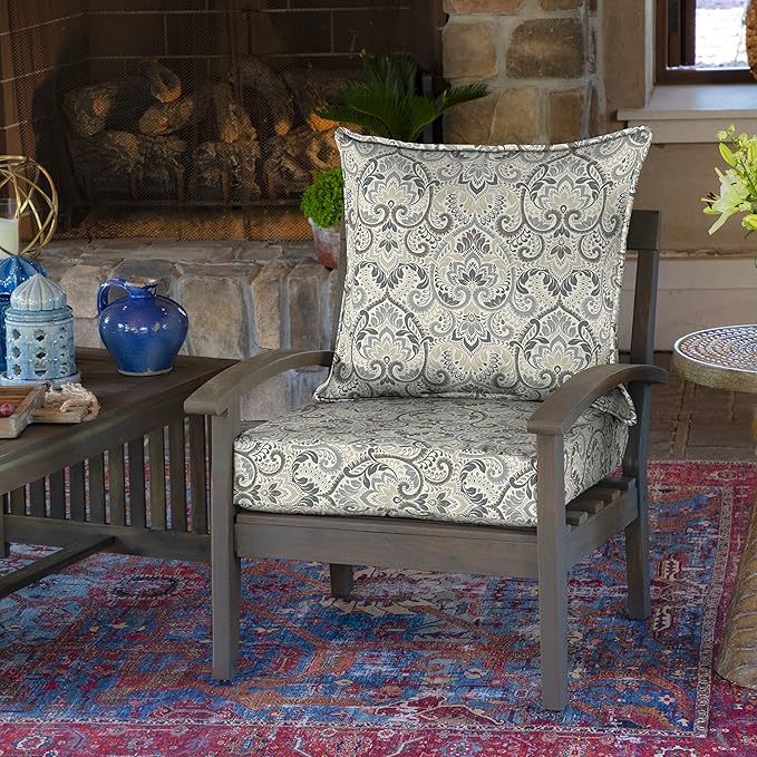 Arden Outdoor Foam Deep Seat Cushion Set, 24 in x 24 in, Weather-Proof, Rain-Proof, Fade Resistant Patio Cushion, Bottom and Back Cushion for Chair, Sofa, and Couch Neutral Aurora Damask