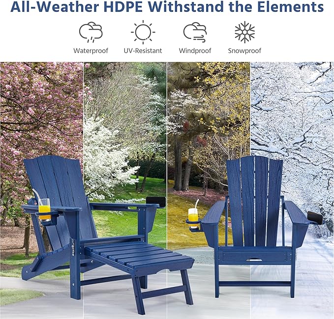 Yaheetech Adirondack Chair with Retractable Ottoman, All Weather Patio Folding Fire Pit Chair with Cup Holder and Phone Holder for Outdoor Poolside, Navy Blue, 4 pcs