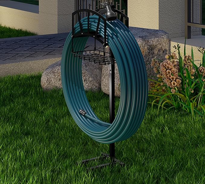 Fire Beauty Garden Hose Holder,Freestanding Water Hose Holder with Storage Basket,In ground Hose Rack Organizer for Outdoor,Detachable Hose Holder Stake,Hose Reel Stand Rack for Outside Lawn Yard