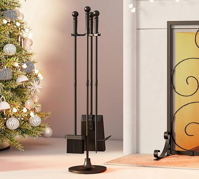Fire Beauty Fireplace Tools Set 4 Pieces Black Wrought Iron Fire Tool Set for Outdoor/Indoor Include Poker, Shovel, Brush and Stand Accessories Set
