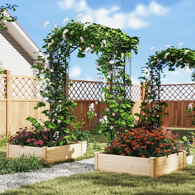 Giantex Garden Arch Trellis, 67''W x 83''H Metal Arbor with Corrugated PE-Coated Steel Tubes & Lattice Panels for Climbing Plants, Decorative Wedding Arch for Yard, Lawn, Party & Outdoor Events