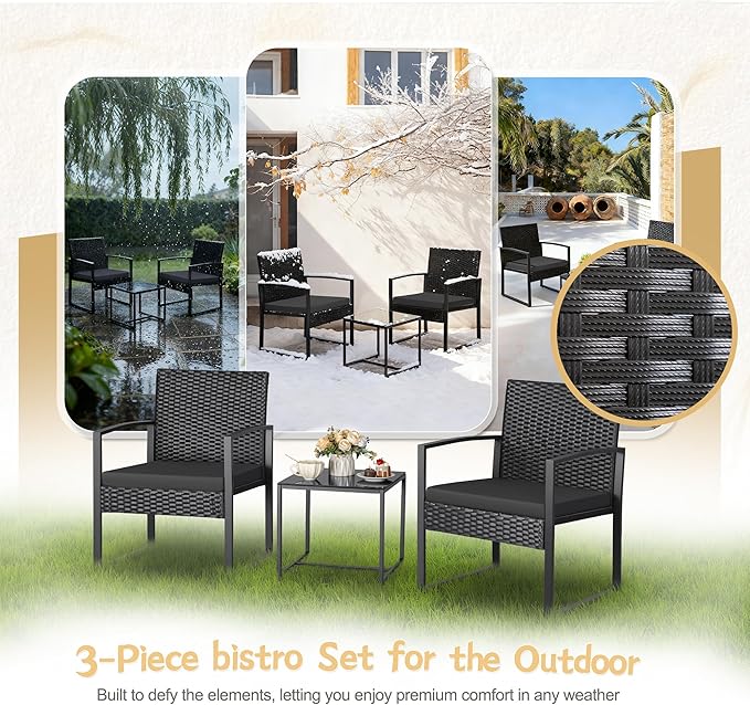 Greesum 3 Piece Wicker Conversation Bistro Sets Outdoor Patio Set Modern Rattan Chair Furniture Sets with Coffee Table for Yard Garden Porch Lawn (Black)