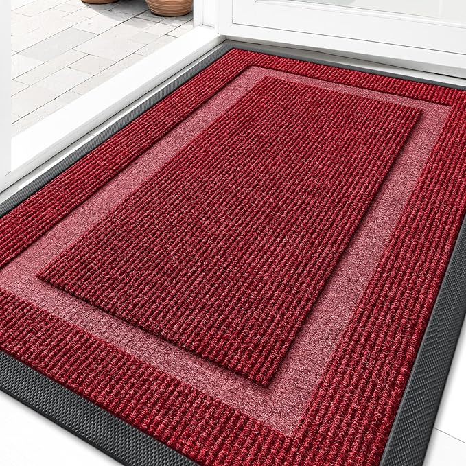 OLANLY Front Door Mat Indoor Outdoor Entrance, Waterproof All-Season, All-Weather Doormat, Sturdy Natural Rubber, Fade Resistant, Low Profile, Easy Clean Patio Porch Entryway Mat, 71x34, Wine Red