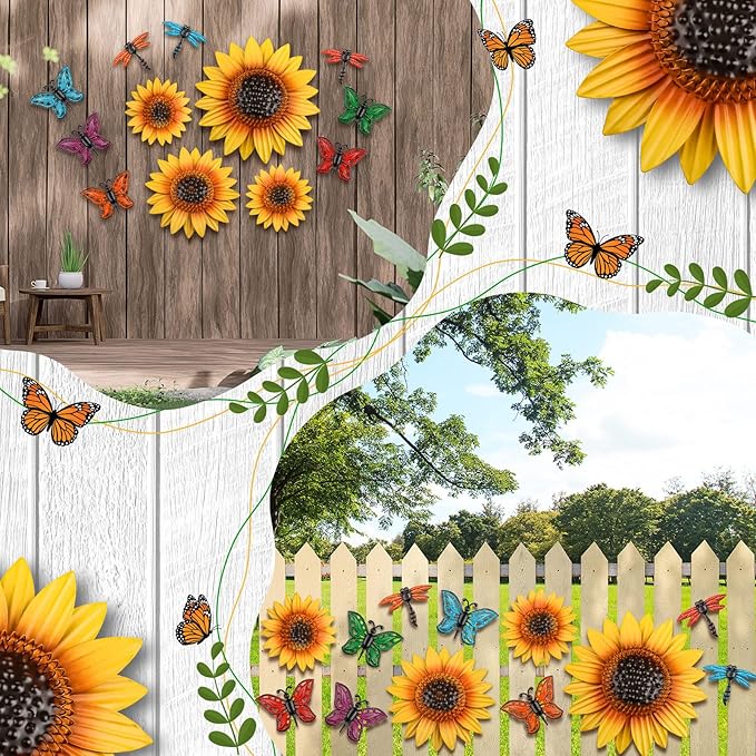 Sweetude 12 Pcs Metal Sunflower Wall Decor with Colorful Dragonfly and Butterfly Decor Flowers Wall Art Metal Yellow Summer Flowers Hanging for Garden Fence Patio Yard Outdoor Porch Home