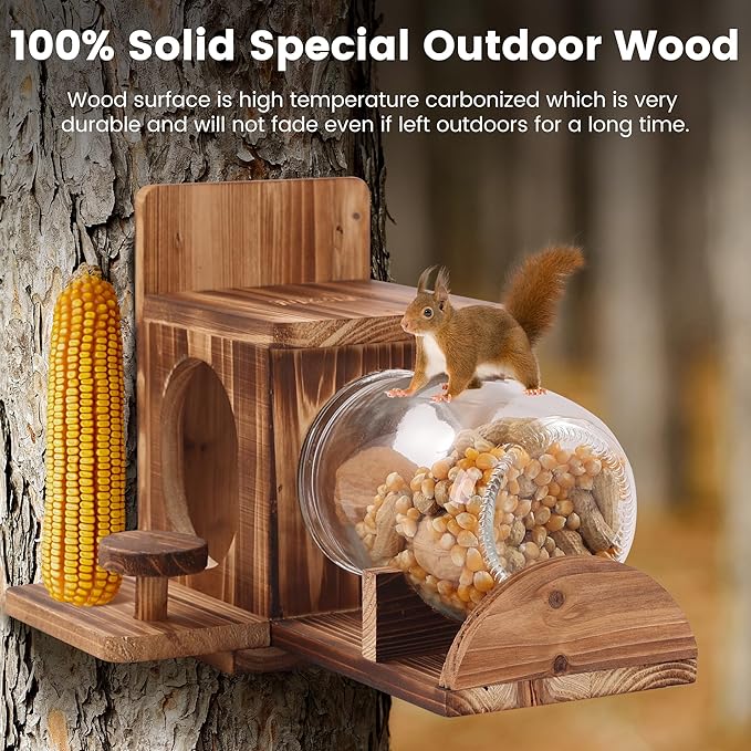 Wood Squirrel Feeder, Squirrel Feeders for Outside Garden Tree, Chipmunk Feeder for Corn Peanuts, Removable Storage Bottle, 2 Stable Squirrel Stools