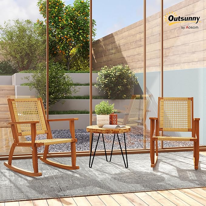Outsunny Outdoor Rocking Chair Set of 2, Acacia Wood Outdoor Rockers with Armrests, Rattan Wicker Back and Seat, Patio Wooden Rocking Chair Set for Garden, Balcony, Porch, Khaki