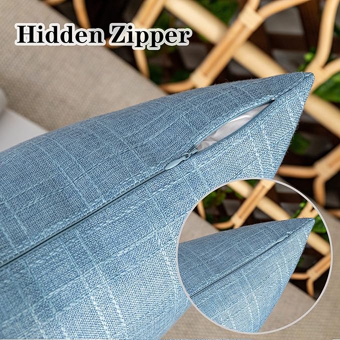 Kevin Textile Pack of 2 Decorative Outdoor Waterproof Pillow Covers Checkered Garden Cushion Sham Throw Pillowcase Shell for Patio Tent Couch 16x16 Inch Light Blue