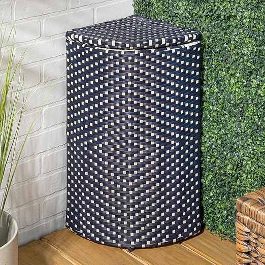 happimess HPM1200B Chloe 15.56-Gallon All-Weather Wicker/Metal Corner Hideaway Outdoor Trash Can, Navy/White, Classic, Coastal, Casual Wastebin for Backyard, Patio, Porch, Kitchen