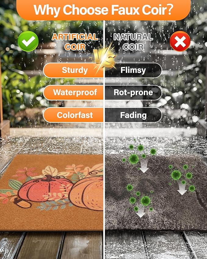 Door Mat Outside Entrance 30''x17'': Door Mat Ultra-Thin/Non-Slip/Waterproof/Washable Pumpkin Design for Outdoor - Faux Coir Welcome Matt for Front Entrance Fall/Halloween Decor