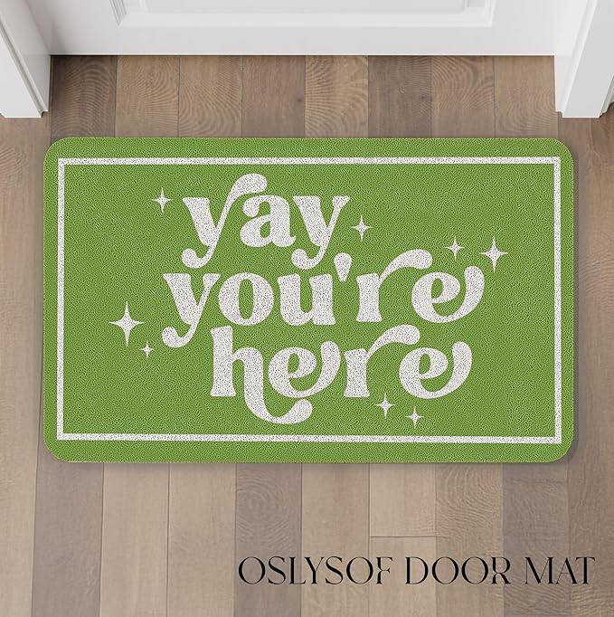 Funny Green Door Mat, Yay You're Here Doormat for Front Door Indoor Outdoor Porch Entrance Entryway, Funny Welcome Mat Outside, 17x30 Inches