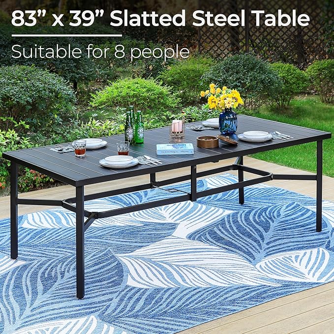 PHI VILLA 9 Pieces Outdoor Dining Set for 8, 83“ Rectangular Metal Table with Umbrella Hole & Stackable Black Wrought Iron Chairs, Large Outside Furniture for Patio, Deck, Yard, Porch