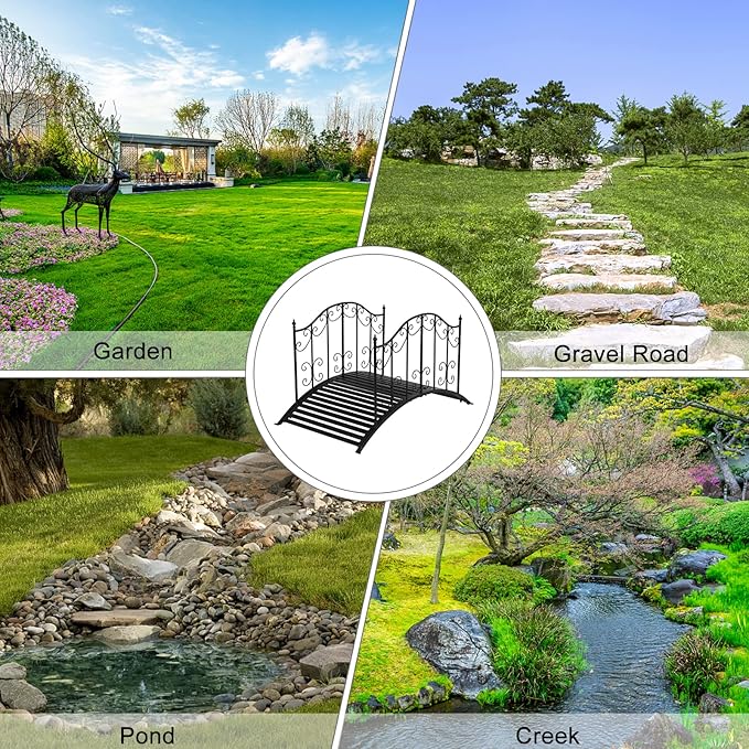 VINGLI Garden Bridge Metal Yard Arch Path Bridge with Patterned Guardrails, Ourdoor Decorative Black Iron Foot Bridge for Pond and Backyard Landscaping-4FT