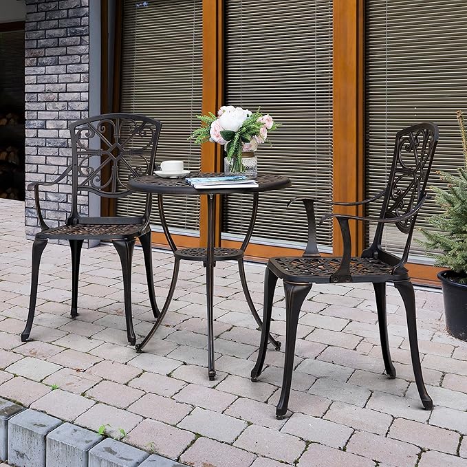 NUU GARDEN 3 Piece Outdoor Bistro Set Cast Aluminum Bistro Table Set Patio Table and Chairs with Umbrella Hole for Backyard, Balcony, Front Porch, Black