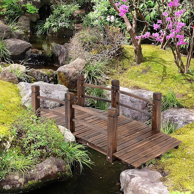 LEEXCCOS Higher Quality & Stronger Wooden Garden Bridge for Outdoors 5ft, More Durable Landscape Arch with Safety Railsm, 500lbs Capacity Decorative Pond Bridge (Stained Wood)