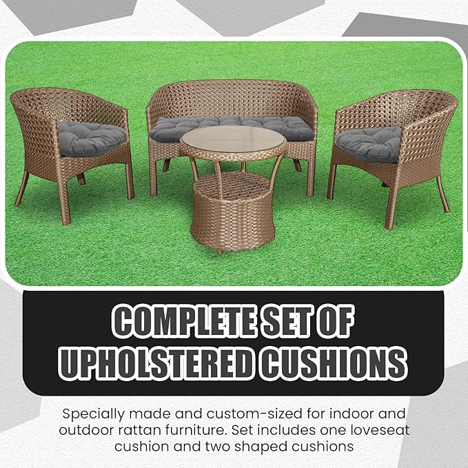 Barydat 3 Pack Wicker Furniture Cushions Waterproof Outdoor/Indoor Tufted Wicker Chair Cushions 1 Loveseat and 2 U-Shape Rattan Chairs for Patio Furniture, Rattan Love Seat, Bench(Gray)
