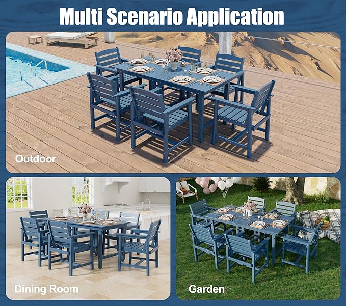 Anbuy Patio HDPE Dining Table Set, 7-Piece Outdoor Dining Table Sets, 2 in 1 Convertible Table and 6 Outdoor Chairs Outdoor All-Weather Furniture Set Blue