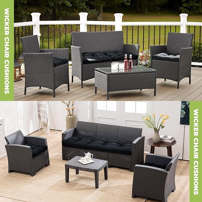 Wicker Chair Cushions, Waterproof Outdoor Loveseat Cushions for Patio Furniture, 3 Pieces Wicker Furniture Cushions, 1 Loveseat and 2 U-Shaped Cushions, Black