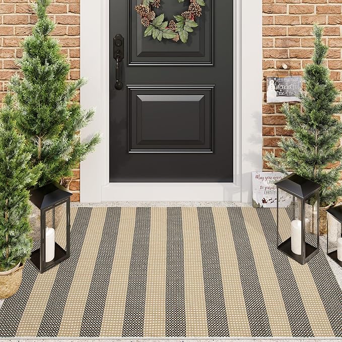 Black and Tan Boho Striped Rugs, 3x5 Rug Outdoor Front Door Mat Hand Woven Washable Rugs for Entryway, Foldable Front Porch Rug for Kitchen/Home Entrance/Farmhouse