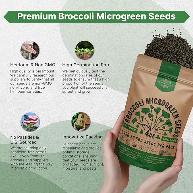 Organo Republic Broccoli Sprouting & Microgreens Seeds - 32,500 Non-GMO Heirloom Seeds, Sprouts in Bulk 4oz Resealable Bag for Planting & Growing in Soil, Coconut Coir, Aeroponic & Hydroponic System