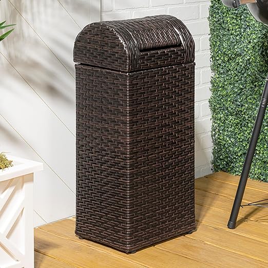 happimess HPM1201A Darla 14.27-Gallon All-Weather Wicker/Metal Swing Top Hideaway Outdoor Trash Can, Brown, Classic, Coastal, Casual Wastebin for Backyard, Patio, Porch, Kitchen