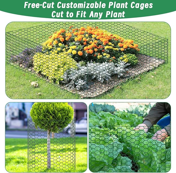 Convivium Plant Protectors from Animals, 0.8mm Free-Cut Green Chicken Wire Mesh, PVC Coated Tree Trunk Guard & Garden Fence for Outdoor Plants with Zip Ties, Stakes, Pliers, Gloves（33Ft*16In）