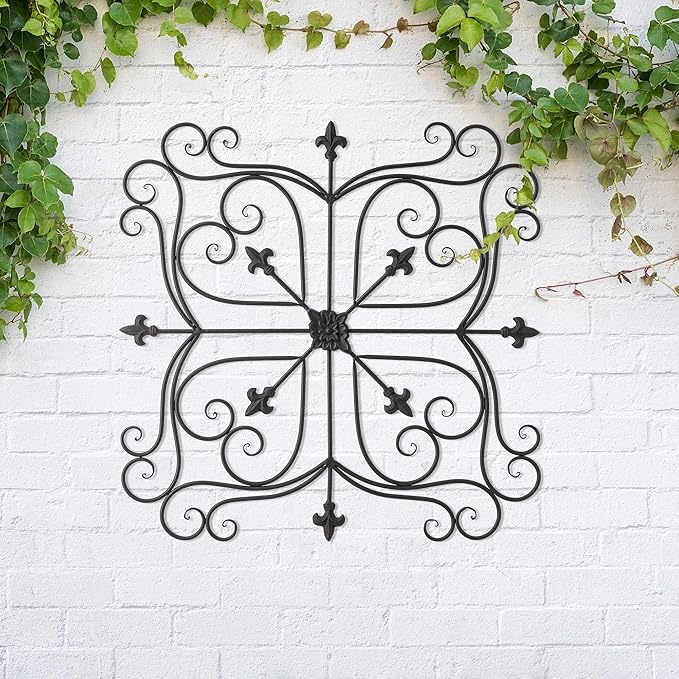 Glitzhome Vintage Wall Decor, Black Artistic Beauty Metal Garden Ornament Powder-Coated Matte Black Finish Charming Fleur-de-lis Outdoor Indoor Decoration