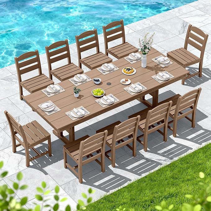 SERWALL Outdoor Dining Table, 84" Rectangular Dining Table for 6-10 Person, All Weather HDPE Outdoor Furniture for Backyard, Garden, Brown