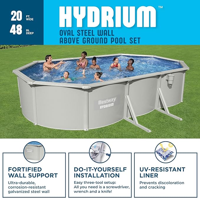 Bestway Hydrium 20' x 12' x 48" Above Ground Pool, Oval Steel Side Wall Frame Outdoor Swimming Pool Set with Sand Filter Pump, Ladder & Accessories
