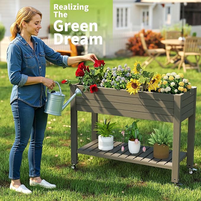 Elevated Raised Garden Bed with Wheels,Outdoor Large Resin Patio Planter Box Stand Divisible with Drain Plug,Water Monitor for Plants Vegetables Flowers Fruits(Grey,43.31 * 17.72 * 33.66)