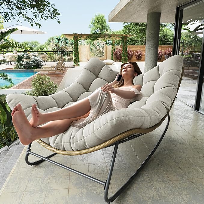 Outdoor Rocking Chair, Indoor Papasan Chair, Oversized Egg Rocking Chair with Thick Cushion, Rattan Wicker Rocker Lounge Chair for Bedroom, Living Room, Patio, Garden, Porch (Light Grey)