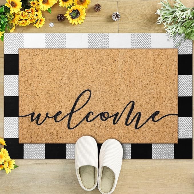 Tinideya 2 Pcs Door Mat Welcome Non Slip Coir Mats Black White Buffalo Plaid Checked Floor Layering Doormats Seasonal for Front Porch Entryway Decor(Welcome)