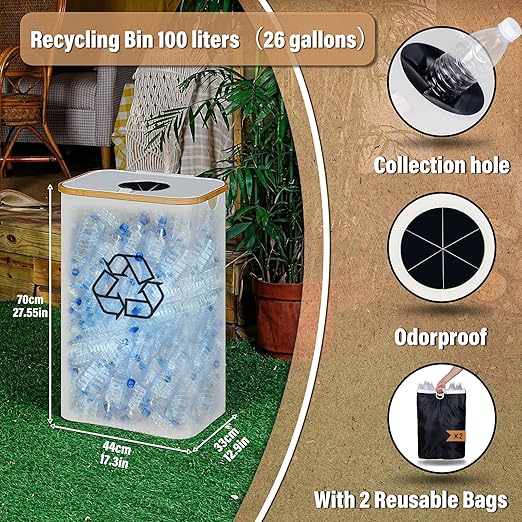 efluky Recycling Bin 100L, 26 Gallon Recycle Bins for Kitchen Indoor Outdoor Home with 2 Removeable and Reusable Inner Bag, Tall Recycle bin for Bottle Can Plastice Stickers (Beige)