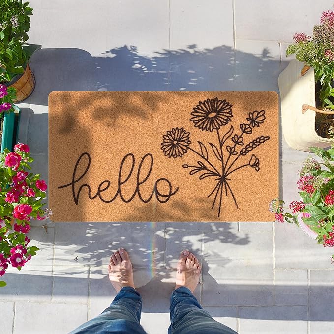Hello Spring Door Mat for Front Door Welcome Matt Outdoor with Wildflower Bouquet Doormat Indoor Entrance with Flowers, Perfect Home Floral Decor (Brown)