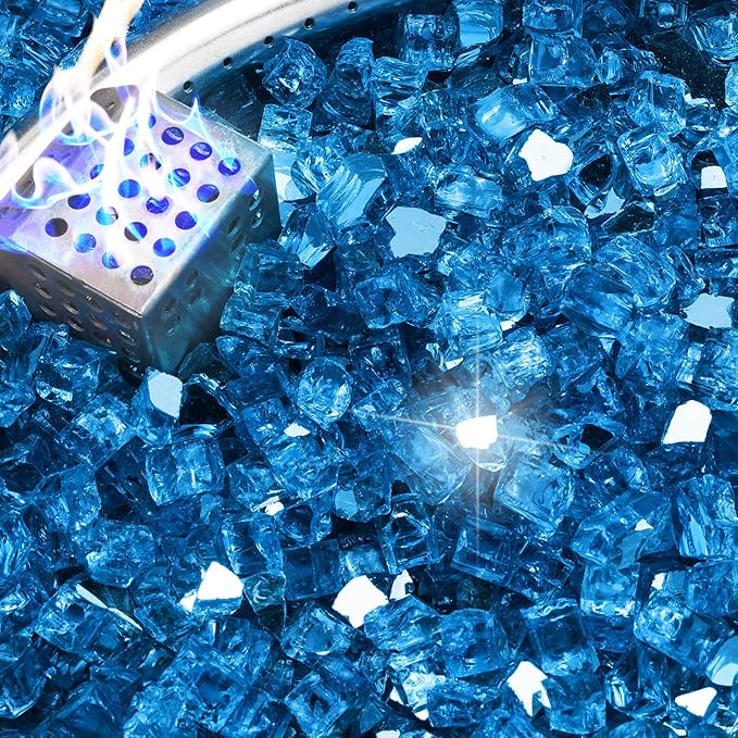 NUPICK 5 Pound Fire Glass, 1/2 Inch Reflective Fire Pit Glass, Tempered Firepit Glass Rock for Propane or Natural Gas, Glass Rocks for Fire Pit Table or Fireplace, Pacific Blue Reflective
