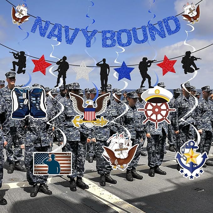 Glitter Navy Bound Banner Boot Camp Decor Army Party Decorations Military Party Supplies Navy Birthday Decor Marine Corps Decorations Hanging Swirls for Women Men