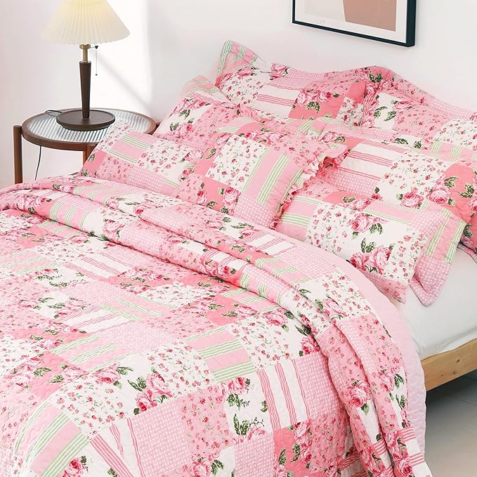 Cmfshape Floral Bedspread with 1 Pillow sham-Twin Size,Patchwork Pink Quilt Set 2 Piece,Summer Quilt for Girls Women,Lightweight Reversible Bed Coverlet for All Seasons(Twin68 x86 Pink)