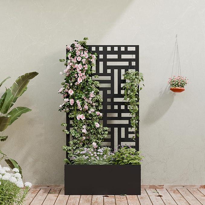 Casaphoria Metal Raised Garden Bed with Trellis and Wheels, 59"x30"x12" Planter Box for Climbing Plants, Vegetables & Vines, Features Drainage Holes and Privacy Screen (Black-Helen)