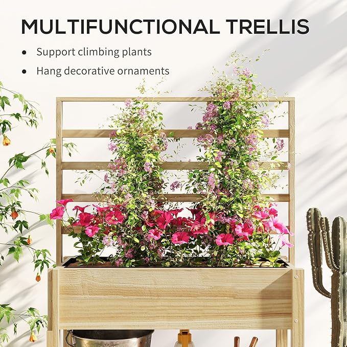 Outsunny Wooden Raised Garden Bed with Trellis, Elevated Planter Box with Storage Shelf, Drainage Holes and Liner, Outdoor Flower Box for Vegetables, Flowers, Herbs