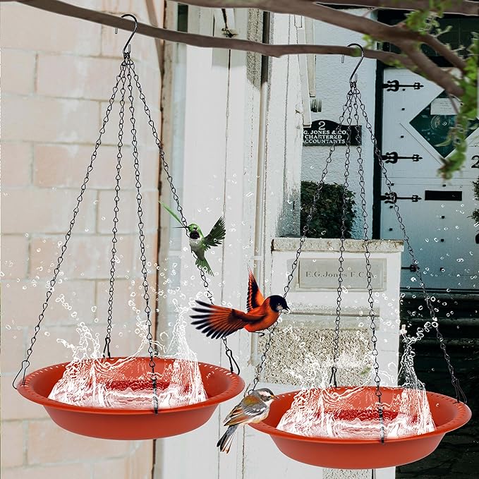 Bird Baths for Outdoors Heavy Duty, 14 inch BirdBath Bowl Only with 25” Rust-Proof Black Chains, Hanging Bird Bath Hanging Bird-Feeder for Garden Backyard Decor (Terracotta 1 Pack)