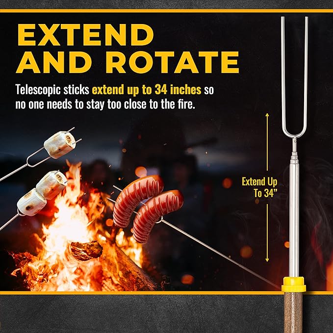 CORQUE Marshmallow Roasting Sticks, Smores Sticks, Extendable, Camping Skewer for Fire Pit, Wooden Handle, 32inch Metal for BBQ Hotdog, Cooking, Campfires, Bonfires, Set of 8
