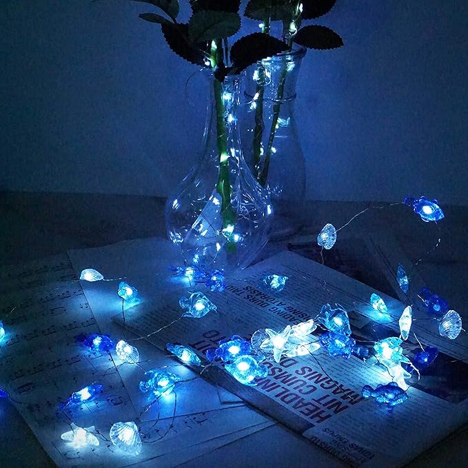 Decorman Sealife String Lights 14ft 40 LED 8 Modes Cool White Weatherproof Battery Operated Ocean Theme Lights for Bedrooms Parties Weddings Gardens with Remote and Timer