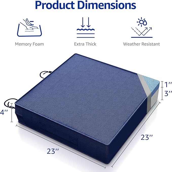 YENING 23x23 Memory Foam Outdoor Chair Cushions Waterproof 4 Inch Extra Thick Patio Seat Pads for Furniture Navy Blue Set of 2
