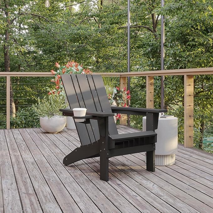 Flash Furniture Halifax Adirondack Chair with Cup Holder, Weather Resistant Poly Resin Adirondack Chair, Gray, Set of 1