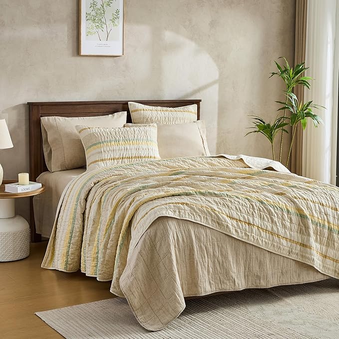 Wonderful 100% Cotton Quilt Set King Size Fall Bedding Set Natural Dyed, Cozy & Breathable Striped Coverlet, Soft Pre-Washed Bedspread with Shams (Light Yellow/Green Stripe)