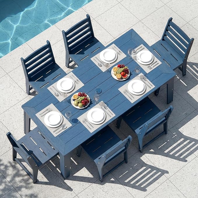 7-Piece HDPE Patio Dining Set, Weather-Resistant Outdoor Table with 2/1.5-Inch Umbrella Hole, Never Sagging One-Piece Tabletop with Metal Support Bars for Poolside Backyard Garden (Blue)