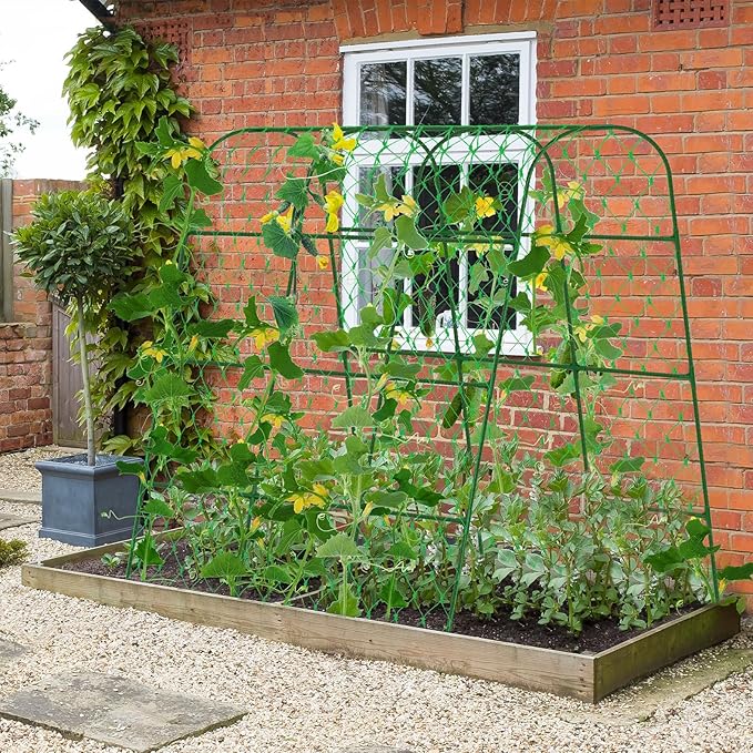 Cucumber Trellis for Raised Bed, U-Shape Garden Trellis for Climbing Plants Outdoor, Adjustable Metal Arch Vegetables Trellis with Climbing Net for Tomato, Bean, Grape, Zucchini