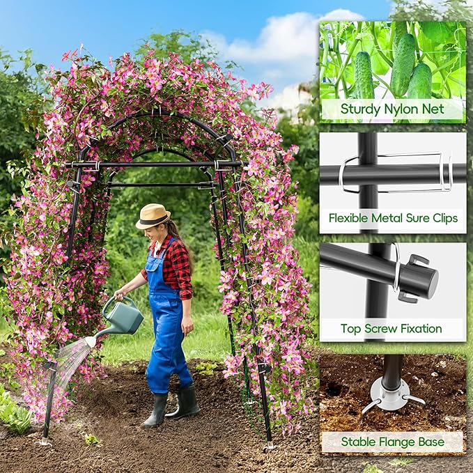SPECILITE Garden Arch Trellis 88.58" Extra Tall for Climbing Plants Outdoor, Steel Stainless Arched Arbors Tunnel Trellis with Netting, Metal Cable Ties for Cucumber Tomato Pea Vines Fruit