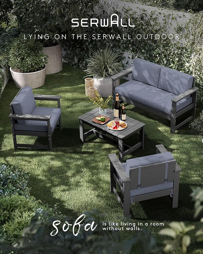 SERWALL 2 Pieces Single Cushioned Sofa Armchair, Grey HDPE Adirondack Outdoor Sofa Lounge with Grey Cushion