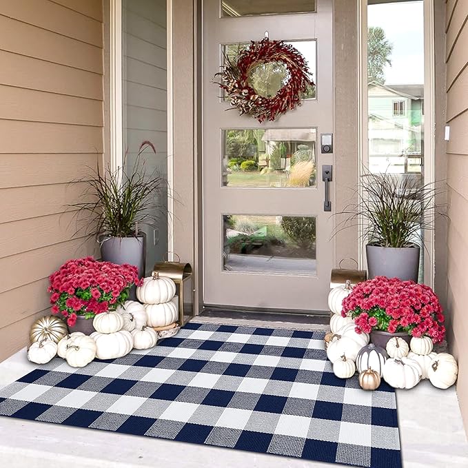 IOHOUZE Buffalo Plaid Checkered Rug 3x5 Ft Front Door Mats, Washable Area Rugs for Front Porch Decor, Spring Summer Welcome Mats Outdoor, Navy White Rug for Farmhouse/Entryway/Home Entrance